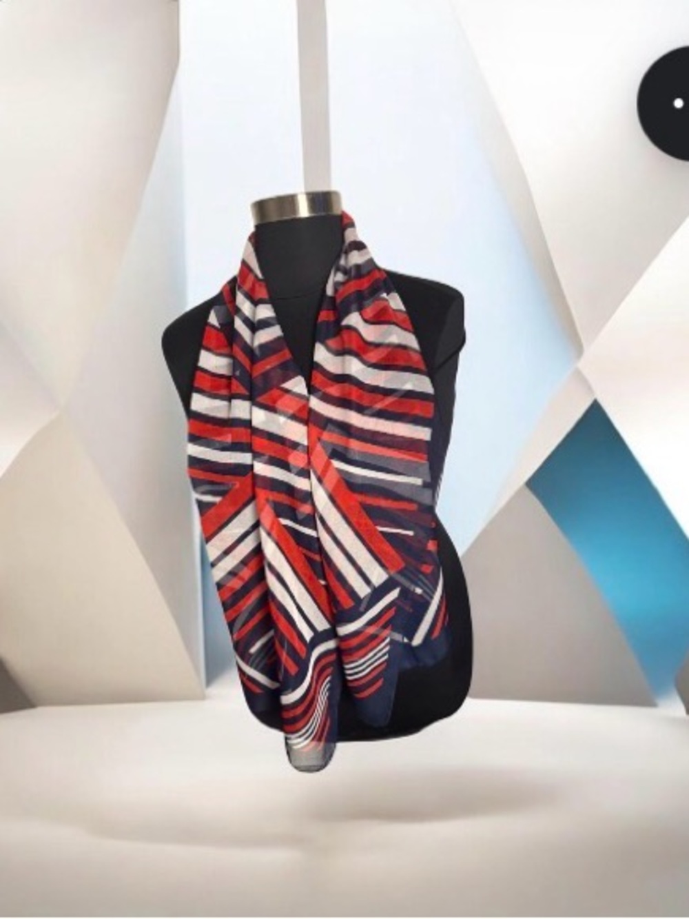 VTG Striped Red, Navy & White Fashion Scarf silky lightweight festive 65”by 15”
